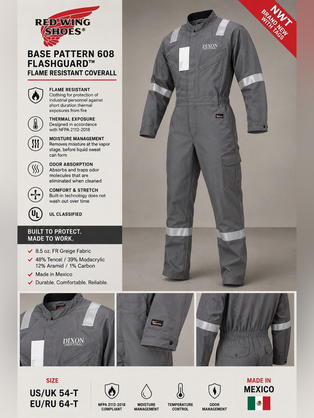 NWT Gray Red Wing Flashguard FR Coveralls 54T Workwear Safety Industrial Gear